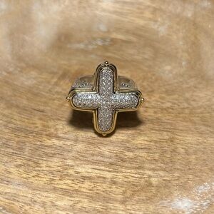Konstantino 925 Sterling Silver & 18K Gold Diamond Pave Cross Ring RARE
